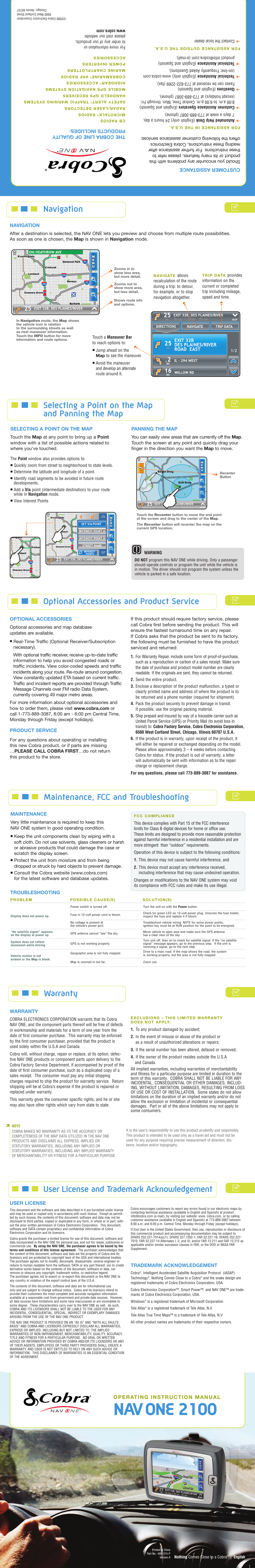 Navigation, Selecting a point on the map and panning the map, Optional accessories and product service | Maintenance, fcc and troubleshooting, Warranty, User license and trademark acknowledgement | Cobra Electronics 2100 User Manual | Page 2 / 2