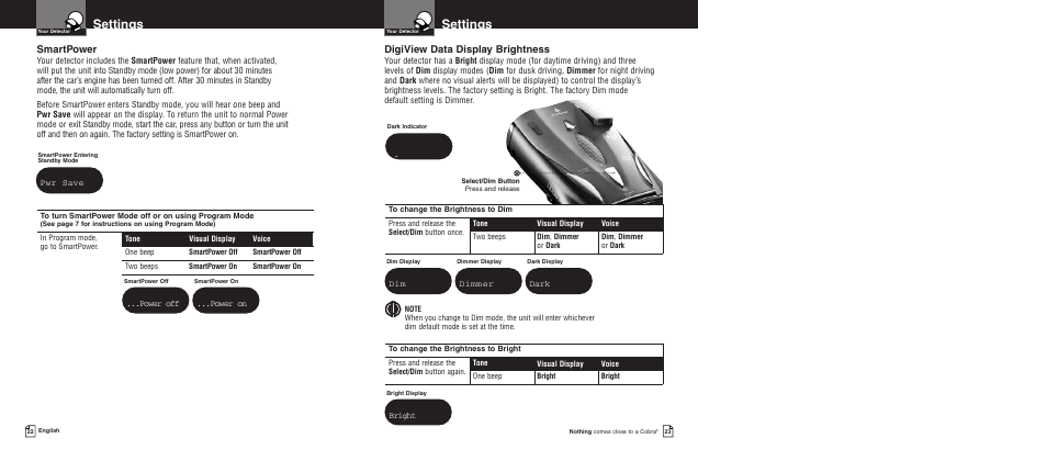 Settings, Digiview data display brightness, Smartpower | Bright, Dimmer, Dark, Pwr save, Power off, Power on | Cobra Electronics XRS 9775 User Manual | Page 14 / 21