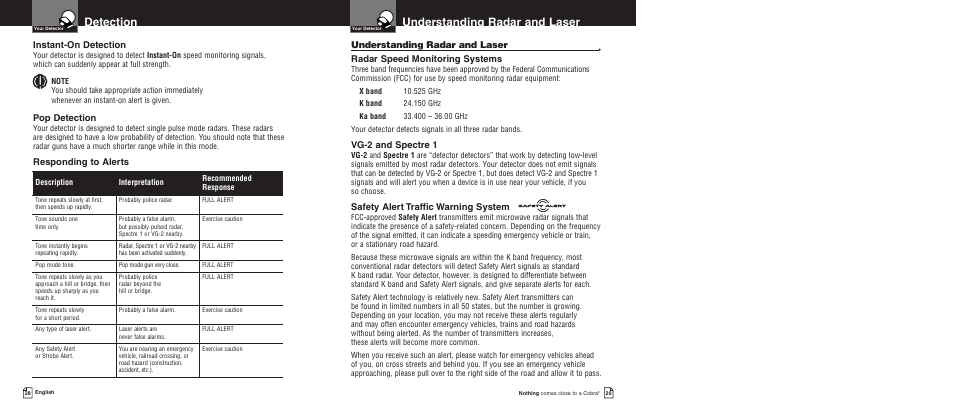 Understanding radar and laser, Detection, Radar speed monitoring systems | Vg-2 and spectre 1, Safety alert traffic warning system, Instant-on detection, Pop detection, Responding to alerts | Cobra Electronics XRS 9775 User Manual | Page 17 / 21