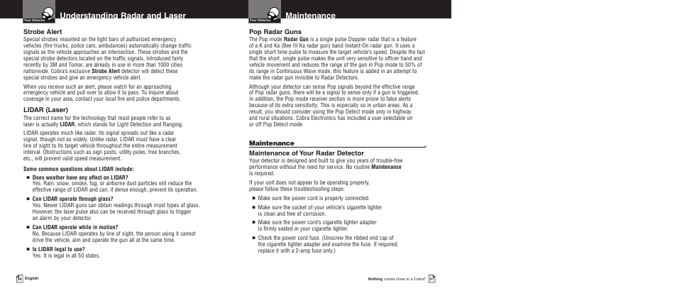Maintenance, Understanding radar and laser, Pop radar guns | Maintenance of your radar detector, Strobe alert, Lidar (laser) | Cobra Electronics XRS 9775 User Manual | Page 18 / 21