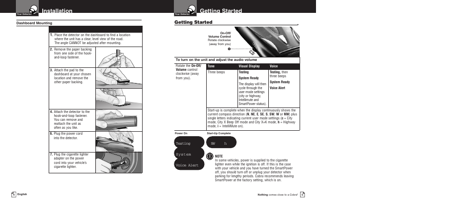 Getting started, Installation, System voice alert | Testing, Nw h, Dashboard mounting | Cobra Electronics XRS 9775 User Manual | Page 5 / 21