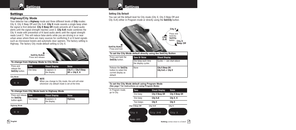 Settings, Highway/city mode, City x beep off | City x+k, City x | Cobra Electronics XRS 9775 User Manual | Page 8 / 21