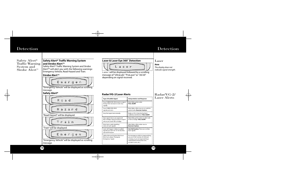 Detection, Radar/vg-2/ laser alerts, Safety alert | Cobra Electronics Radar Detector User Manual | Page 10 / 17