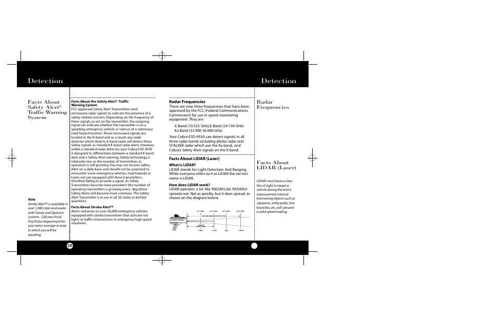 Detection, Radar frequencies facts about lidar (laser), Facts about safety alert | Cobra Electronics Radar Detector User Manual | Page 11 / 17