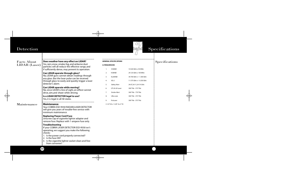 Microtalk specifications, Detection, Specifications maintenance | Facts about lidar (laser), Maintenance | Cobra Electronics Radar Detector User Manual | Page 12 / 17