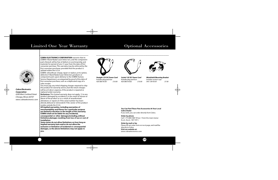 Limited one year warranty, Optional accessories | Cobra Electronics Radar Detector User Manual | Page 13 / 17