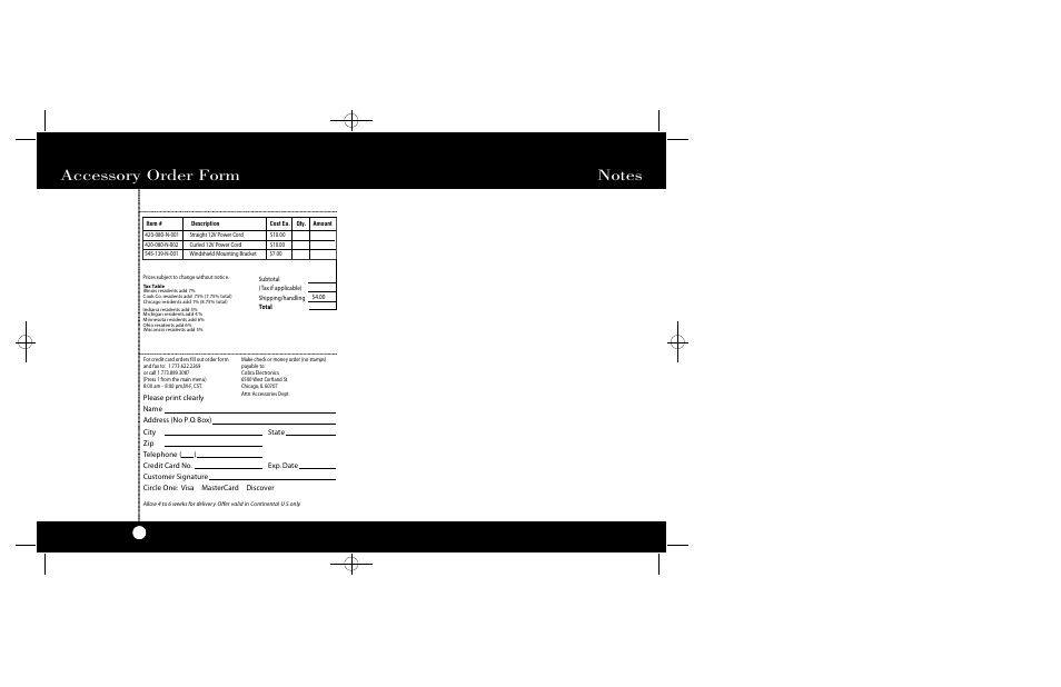 Accessory order form | Cobra Electronics Radar Detector User Manual | Page 14 / 17