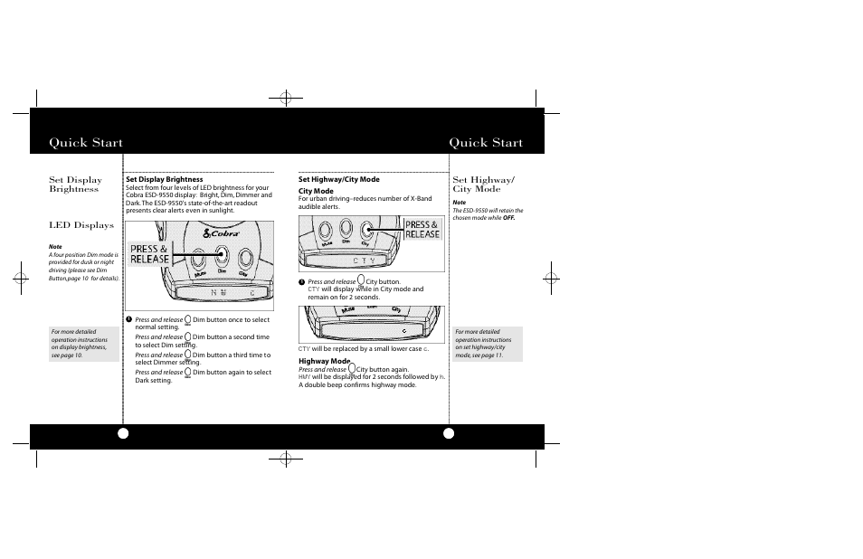 Quick start, Set highway/ city mode, Set display brightness | Led displays | Cobra Electronics Radar Detector User Manual | Page 4 / 17