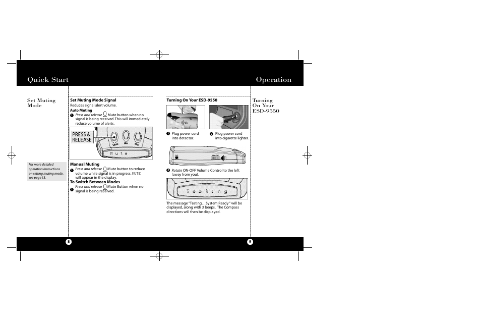 Quick start, Operation, Set muting mode | Cobra Electronics Radar Detector User Manual | Page 5 / 17