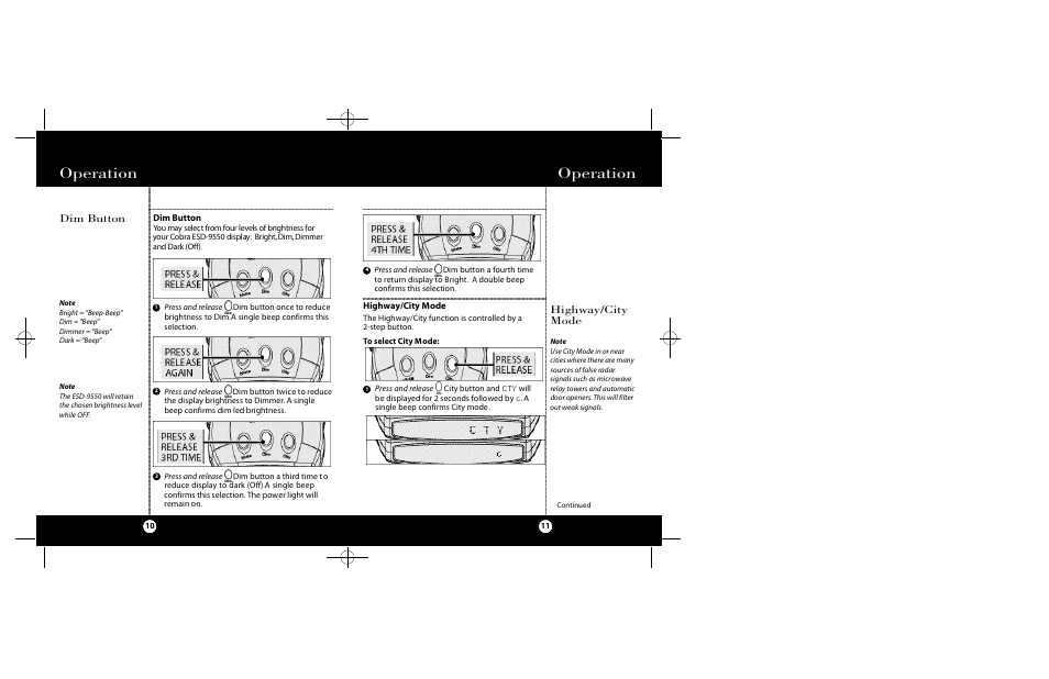 Operation, Dim button, Highway/city mode | Cobra Electronics Radar Detector User Manual | Page 6 / 17