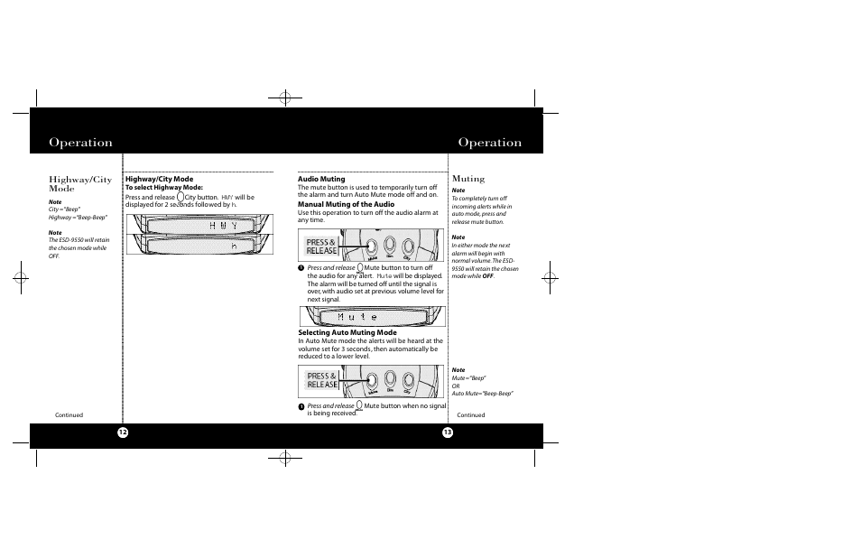 Operation, Muting, Highway/city mode | Cobra Electronics Radar Detector User Manual | Page 7 / 17