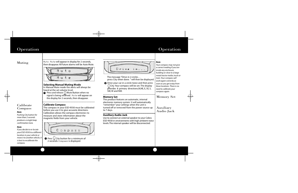 Operation, Auxiliary audio jack, Calibrate compass | Muting | Cobra Electronics Radar Detector User Manual | Page 8 / 17