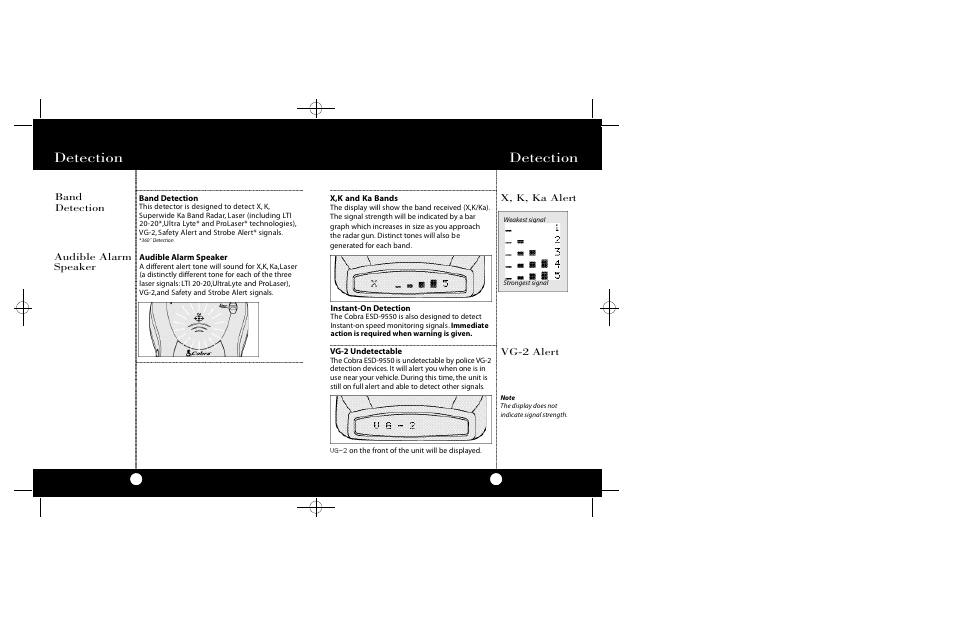 Detection, Vg-2 alert x, k, ka alert, Audible alarm speaker band detection | Cobra Electronics Radar Detector User Manual | Page 9 / 17