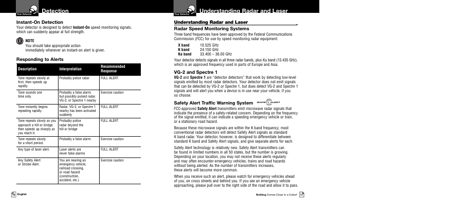 Understanding radar and laser, Detection, Radar speed monitoring systems | Vg-2 and spectre 1, Safety alert traffic warning system, Instant-on detection, Responding to alerts | Cobra Electronics XRS 9340 User Manual | Page 11 / 15
