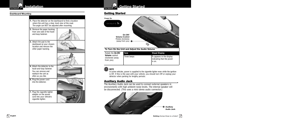 Getting started, Installation, Auxiliary audio jack | X k ka v s | Cobra Electronics XRS 9340 User Manual | Page 5 / 15