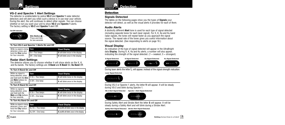 Detection, Settings, Signals detected | Audio alerts, Visual display, Vg-2 and spectre 1 alert settings, Radar alert settings | Cobra Electronics XRS 9340 User Manual | Page 9 / 15