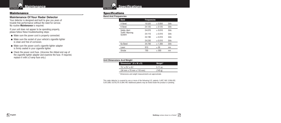 Specifications, Maintenance, Maintenance of your radar detector | Cobra Electronics XRS 9500 User Manual | Page 13 / 16