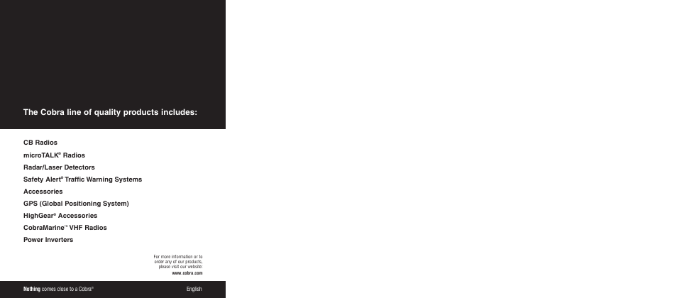 The cobra line of quality products includes | Cobra Electronics XRS 9500 User Manual | Page 16 / 16