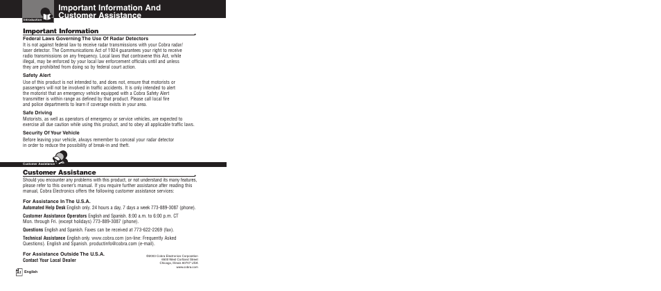 Important information and customer assistance, Important information, Customer assistance | Cobra Electronics XRS 9500 User Manual | Page 2 / 16