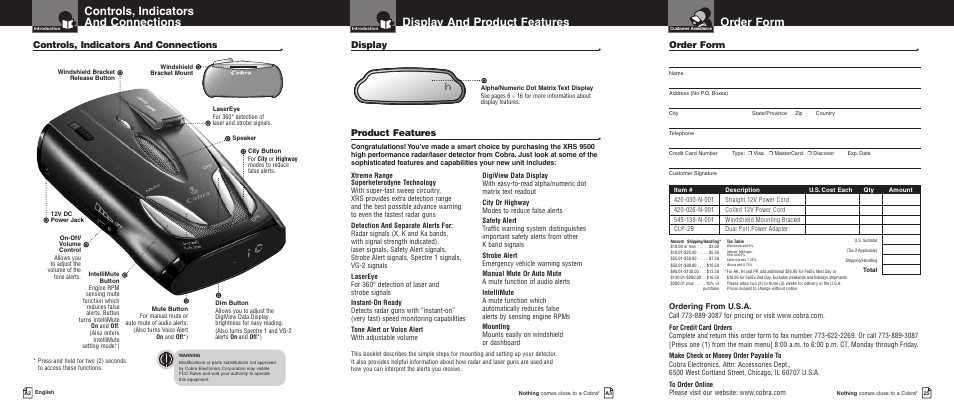 Order form, Display and product features, Controls, indicators and connections | Product features, Display, Ordering from u.s.a | Cobra Electronics XRS 9500 User Manual | Page 3 / 16