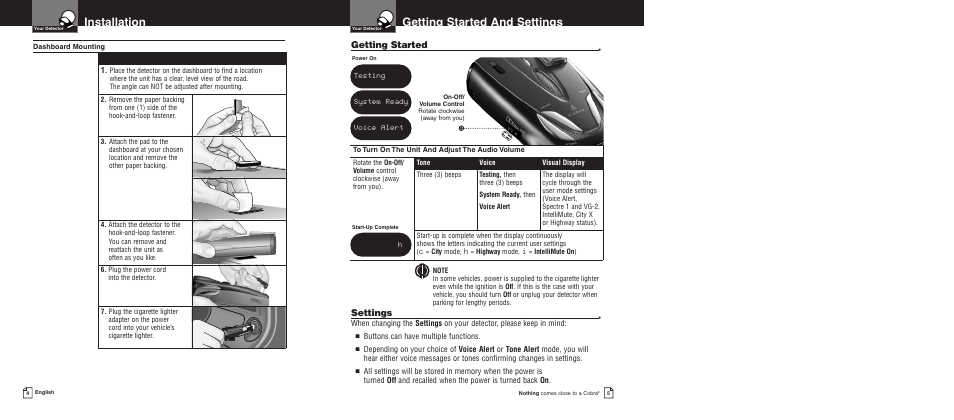 Getting started and settings, Installation, Getting started | Settings | Cobra Electronics XRS 9500 User Manual | Page 5 / 16