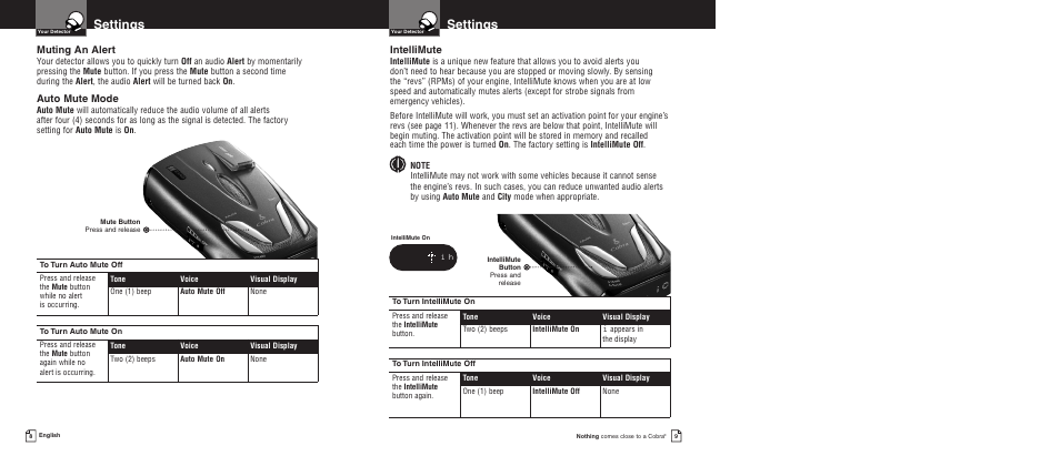 Settings, Muting an alert, Auto mute mode | Intellimute | Cobra Electronics XRS 9500 User Manual | Page 7 / 16