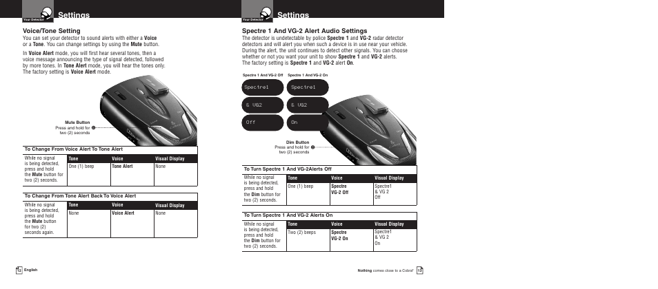 Settings, Spectre 1 and vg-2 alert audio settings, Voice/tone setting | Cobra Electronics XRS 9500 User Manual | Page 9 / 16
