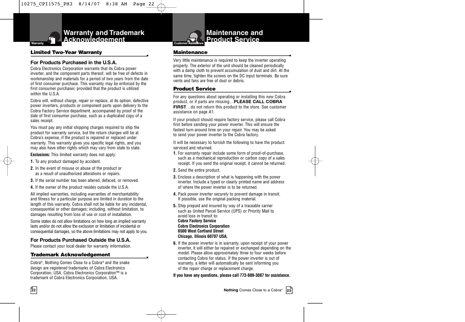 Maintenance and product service, Warranty and trademark acknowledgement | Cobra Electronics CPI 1575 User Manual | Page 14 / 15