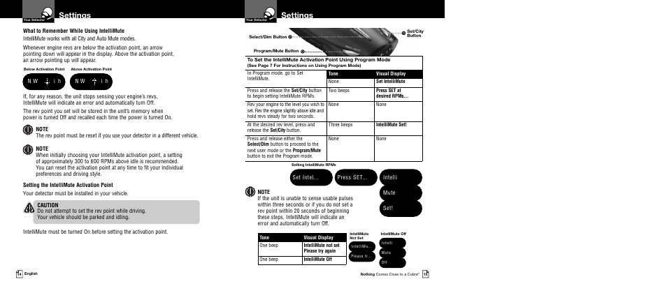 Settings, Set intel... press set, Intelli mute set | N w i h | Cobra Electronics XRS 9645 User Manual | Page 10 / 21