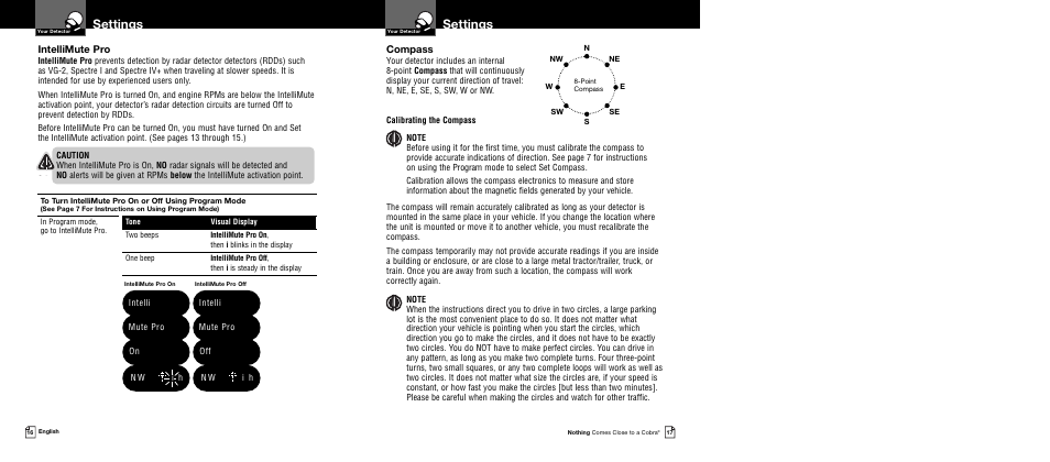 Settings, Compass, Intellimute pro | Intelli mute pro on, Intelli mute pro off | Cobra Electronics XRS 9645 User Manual | Page 11 / 21