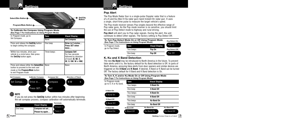 Settings, Pop alert, K, ku and x band detection | Set compa, Drive in... press set, Compass set, N w h | Cobra Electronics XRS 9645 User Manual | Page 12 / 21