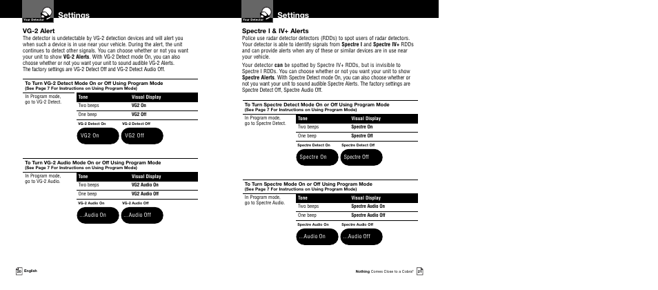 Settings, Spectre i & iv+ alerts, Vg-2 alert | Cobra Electronics XRS 9645 User Manual | Page 13 / 21