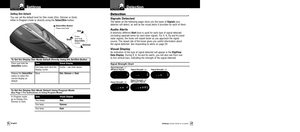 Detection, Settings, Signals detected | Audio alerts, Visual display | Cobra Electronics XRS 9645 User Manual | Page 15 / 21