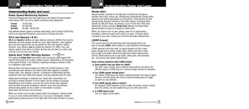 Understanding radar and laser, Strobe alert, Lidar (laser) | Radar speed monitoring systems, Vg-2 and spectre i & iv, Safety alert traffic warning system | Cobra Electronics XRS 9645 User Manual | Page 18 / 21