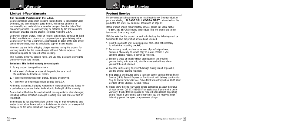 Product service, Warranty, Limited 1-year warranty | Cobra Electronics XRS 9645 User Manual | Page 20 / 21