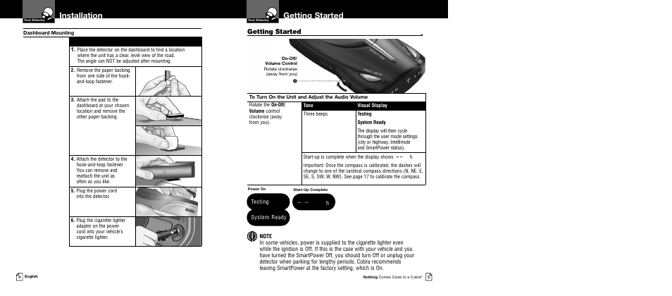 Getting started, Installation, System ready | Testing | Cobra Electronics XRS 9645 User Manual | Page 5 / 21