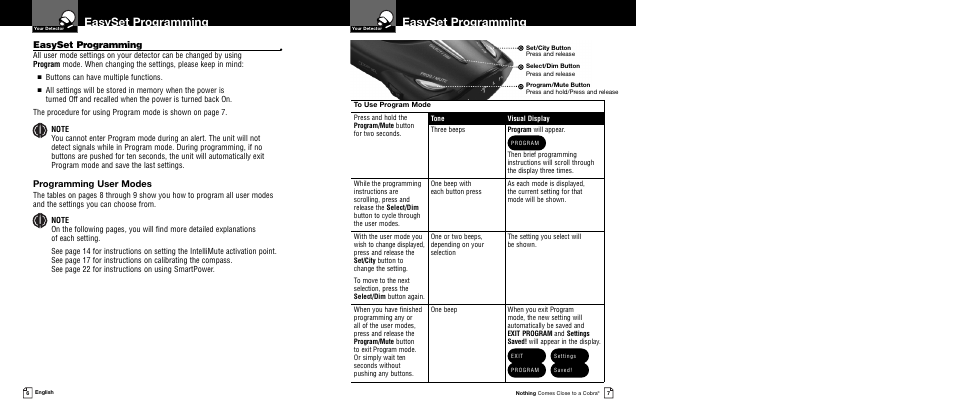 Easyset programming, Programming user modes, Buttons can have multiple functions | Cobra Electronics XRS 9645 User Manual | Page 6 / 21