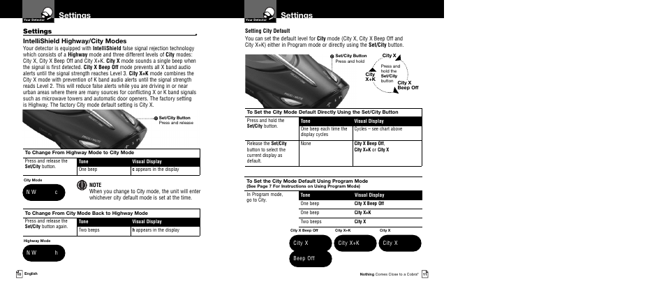 Settings, Intellishield highway/city modes, City x beep off | City x+k, City x | Cobra Electronics XRS 9645 User Manual | Page 8 / 21