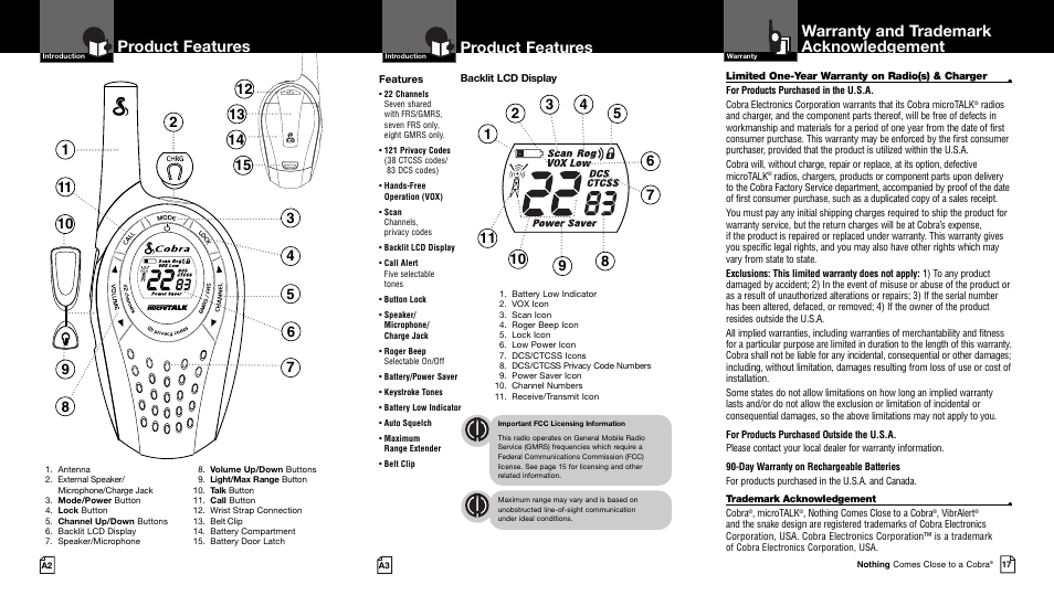 Product features, Warranty and trademark acknowledgement | Cobra Electronics CXT95 User Manual | Page 2 / 11
