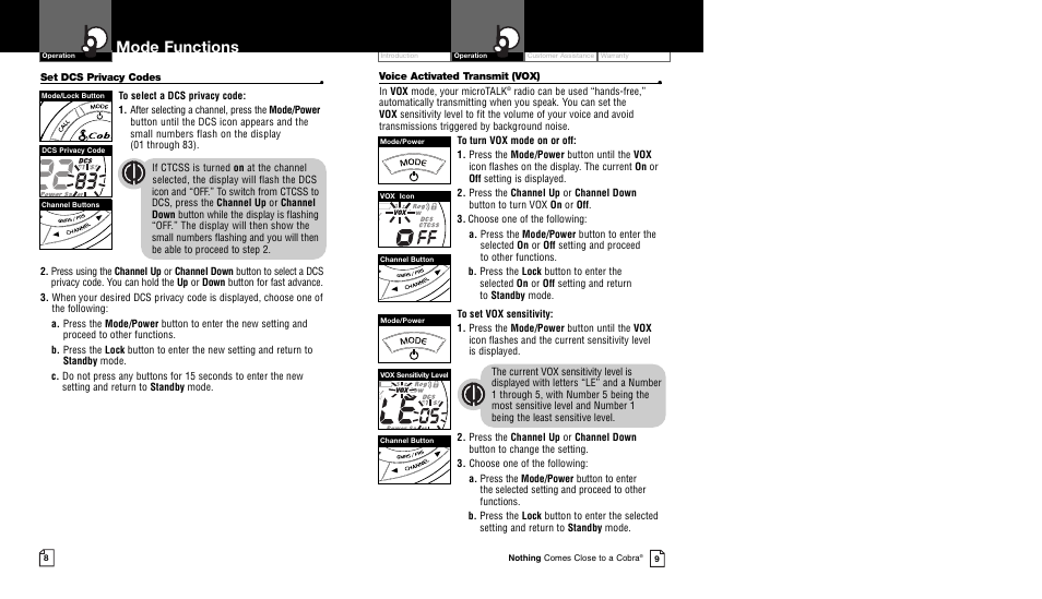 Mode functions | Cobra Electronics CXT95 User Manual | Page 7 / 11