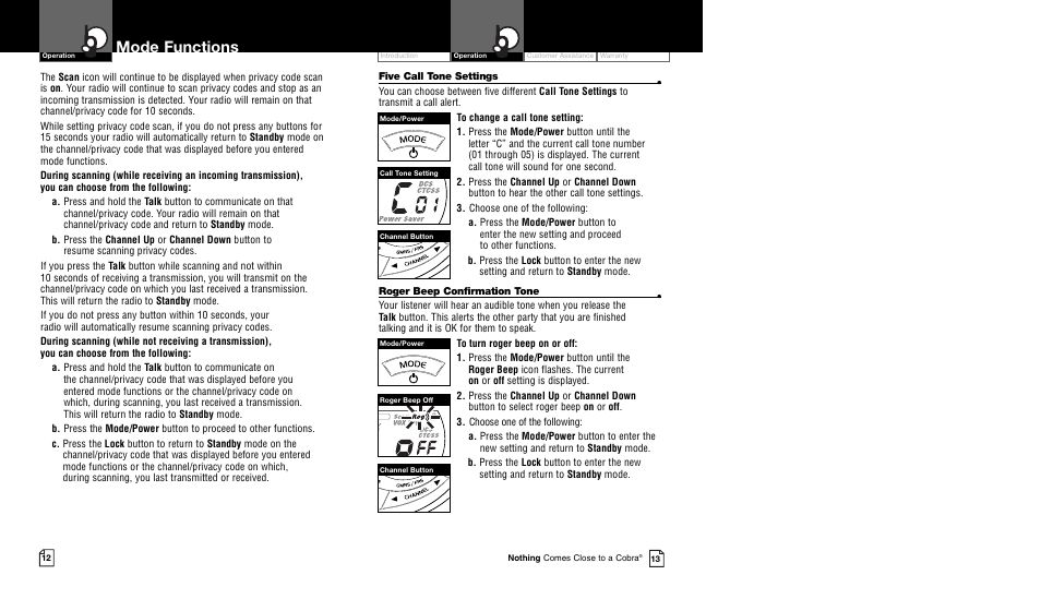 Mode functions | Cobra Electronics CXT95 User Manual | Page 9 / 11