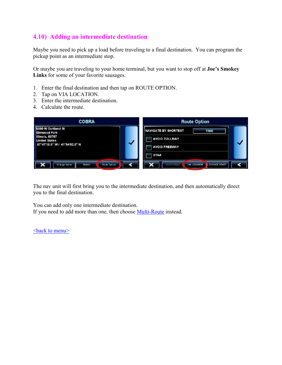 Adding an intermediate destination | Cobra Electronics PRO 5550 User Manual | Page 23 / 58
