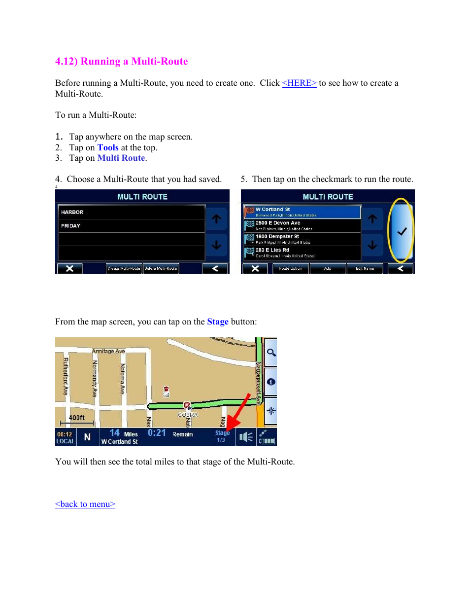 Running a multi-route, Here, 12) running a multi-route | Cobra Electronics PRO 5550 User Manual | Page 26 / 58