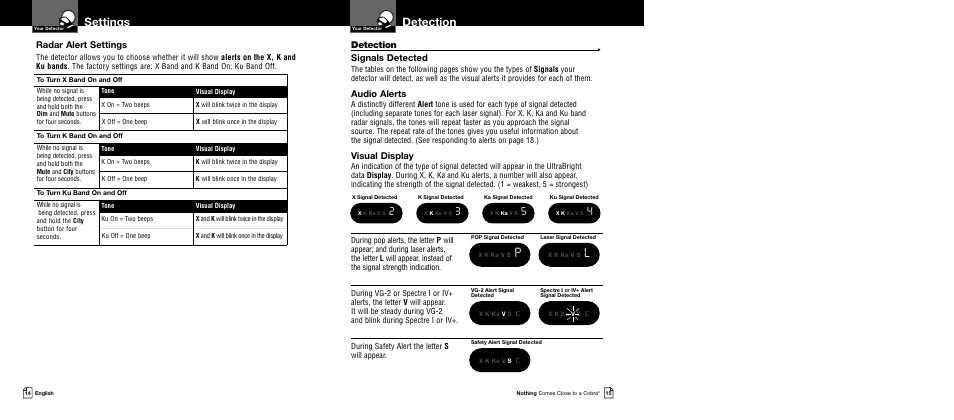 Detection, Settings, Signals detected | Audio alerts, Visual display, Radar alert settings | Cobra Electronics XRS 9345 User Manual | Page 10 / 15
