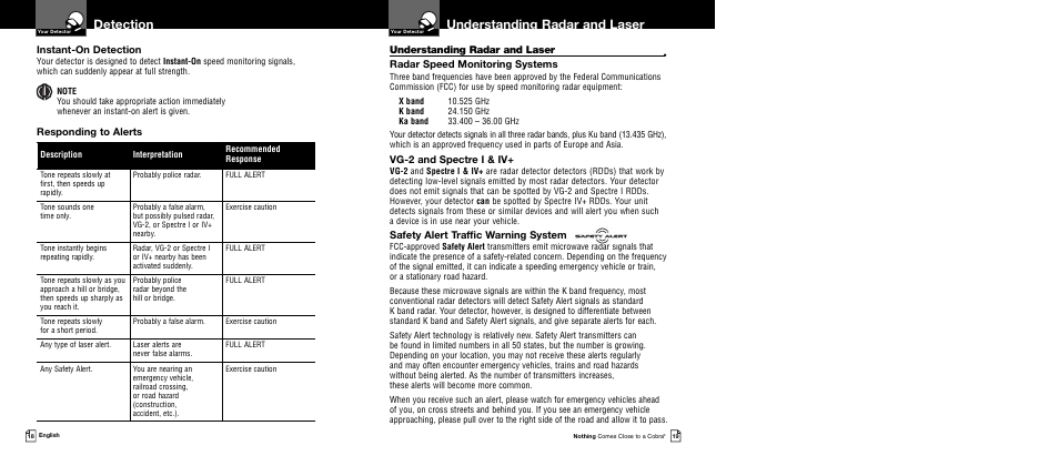 Understanding radar and laser, Detection, Radar speed monitoring systems | Vg-2 and spectre i & iv, Safety alert traffic warning system, Instant-on detection, Responding to alerts | Cobra Electronics XRS 9345 User Manual | Page 12 / 15