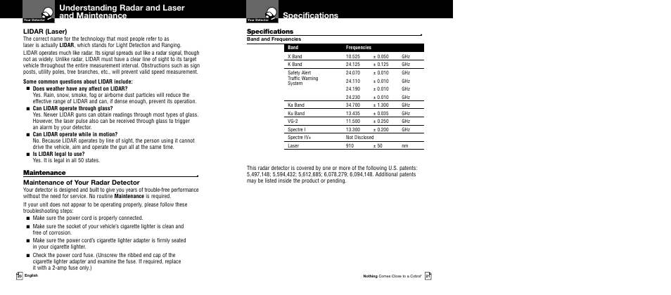 Understanding radar and laser and maintenance, Specifications, Lidar (laser) | Maintenance, Maintenance of your radar detector | Cobra Electronics XRS 9345 User Manual | Page 13 / 15