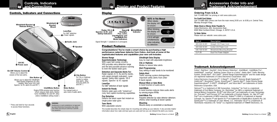 Display and product features, X k ka v s, Controls, indicators and connections | Product features, Display, Trademark acknowledgement, Ordering from u.s.a | Cobra Electronics XRS 9345 User Manual | Page 2 / 15