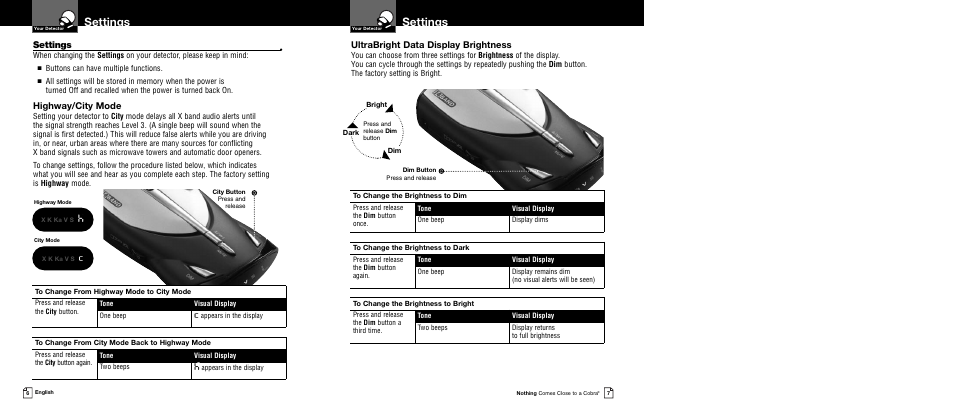 Settings, Ultrabright data display brightness, Highway/city mode | Cobra Electronics XRS 9345 User Manual | Page 6 / 15