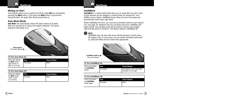Settings, Muting an alert, Auto mute mode | Intellimute | Cobra Electronics XRS 9345 User Manual | Page 7 / 15
