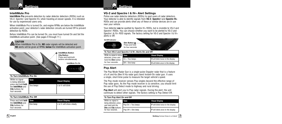 Settings, Pop alert, Vg-2 and spectre i & iv+ alert settings | Intellimute pro | Cobra Electronics XRS 9345 User Manual | Page 9 / 15